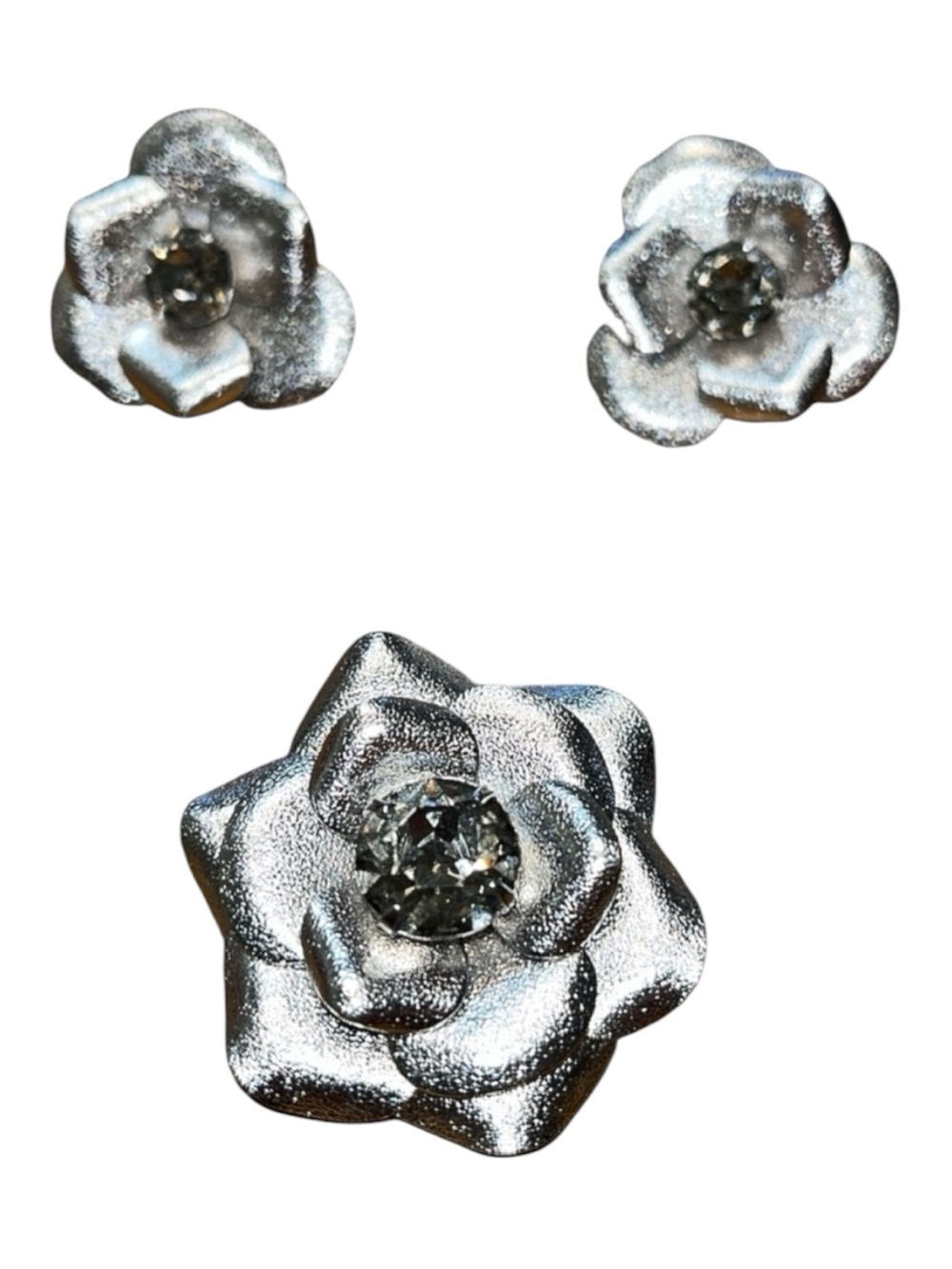 Silver Toned Floral Rhinestone Clip On Earring and Brooch/Necklace Pendant Set